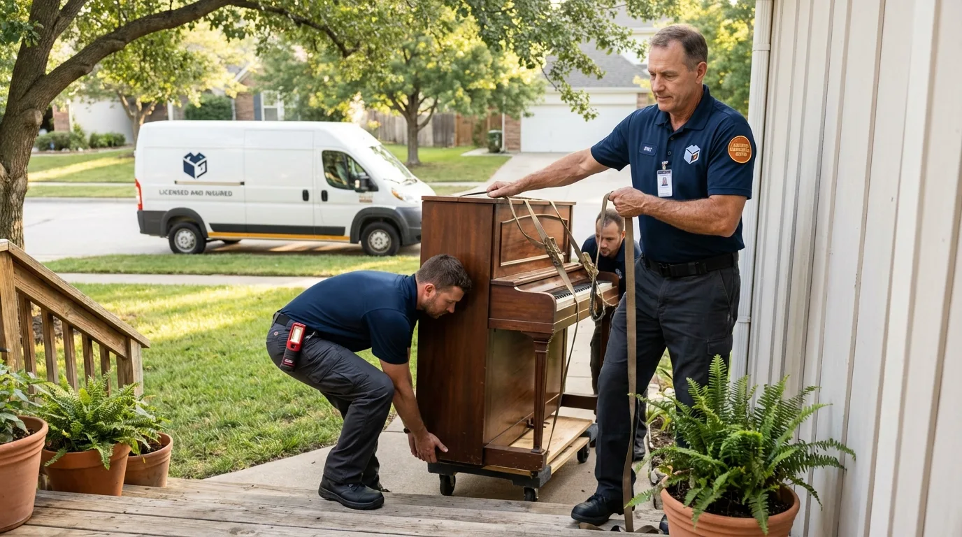Licensed piano movers securing grand piano in Williamsport, IN