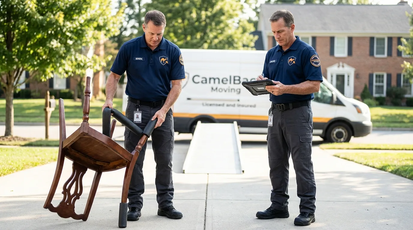 Movers inspecting furniture for damage prevention before loading in Williamsport, IN