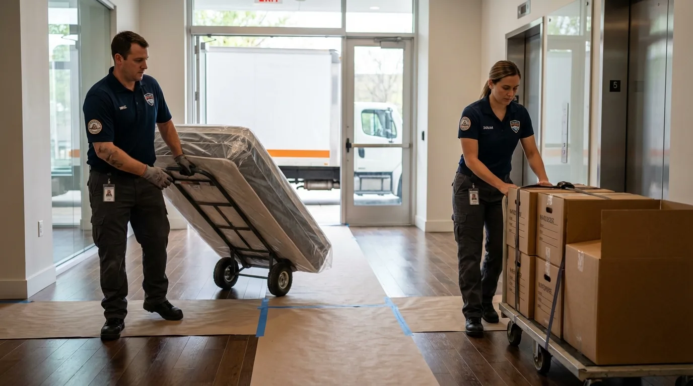 Professional apartment movers loading elevator in Williamsport, IN