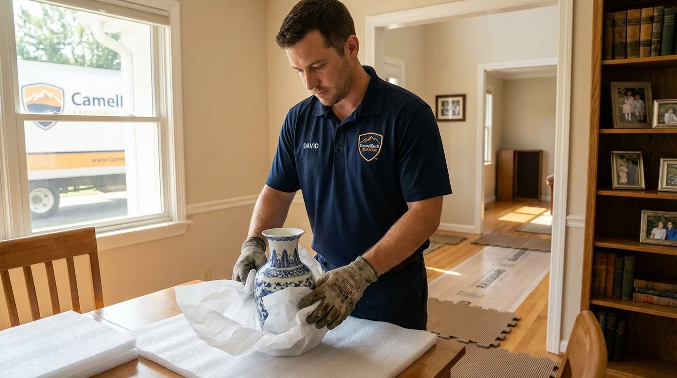 Professional crew carefully wrapping antique vase for senior downsizing move in Williamsport, IN